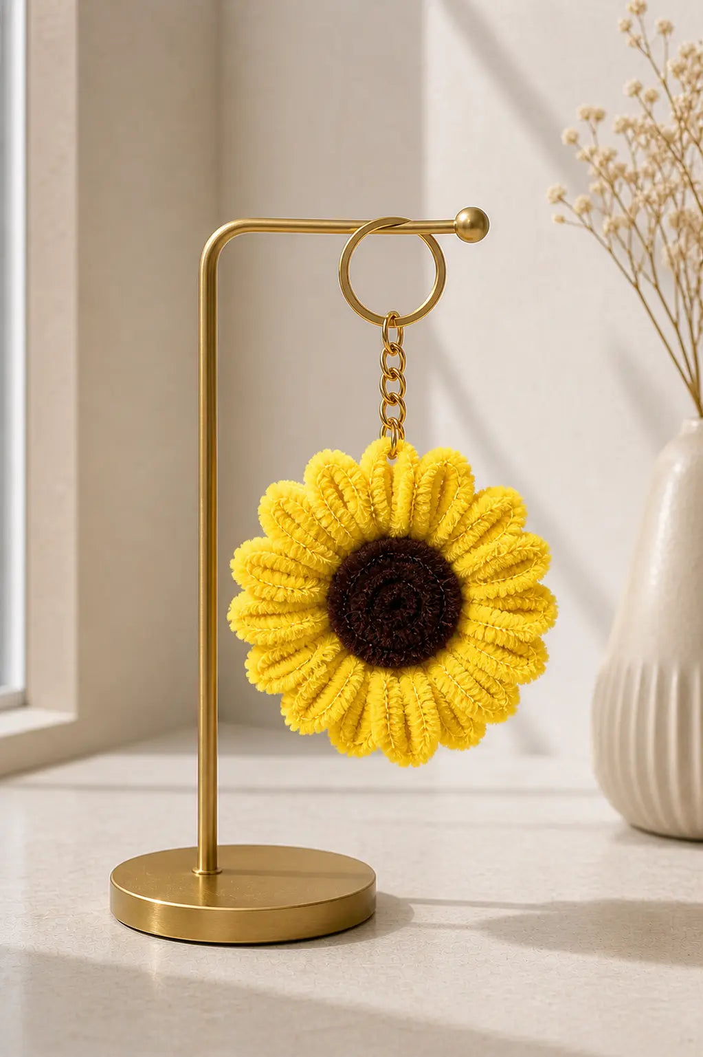 Sunflower Pipe Cleaner Keychain – Handmade Aesthetic Yellow Flower Keyring