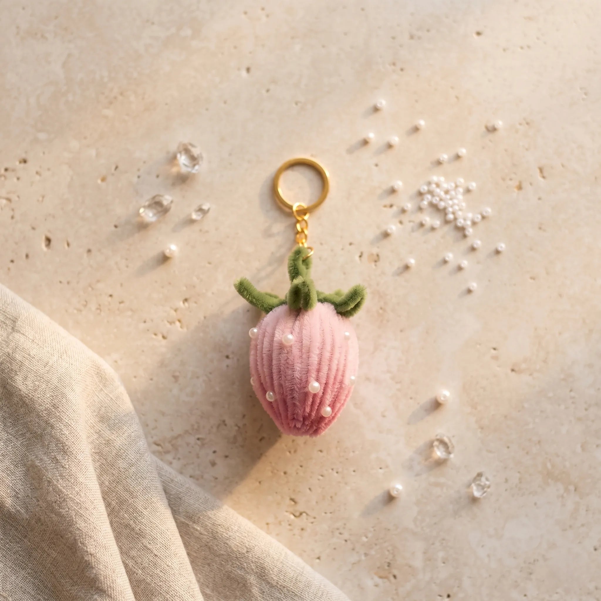 Pink Strawberry Pipe Cleaner Keychain – Handmade Aesthetic Pearl Charm