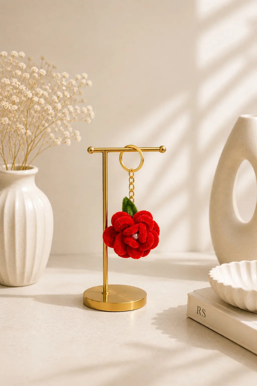 Rose Bloom Pipe Cleaner Keychain – Handmade Cute Floral Charm