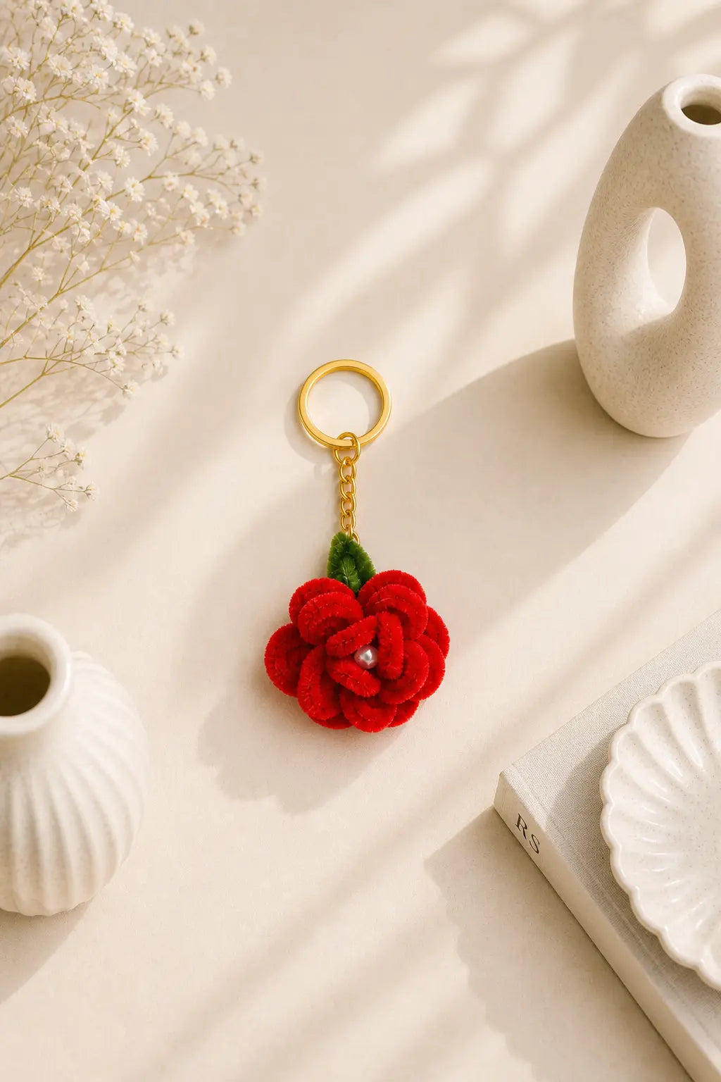 Rose Bloom Pipe Cleaner Keychain – Handmade Cute Floral Charm