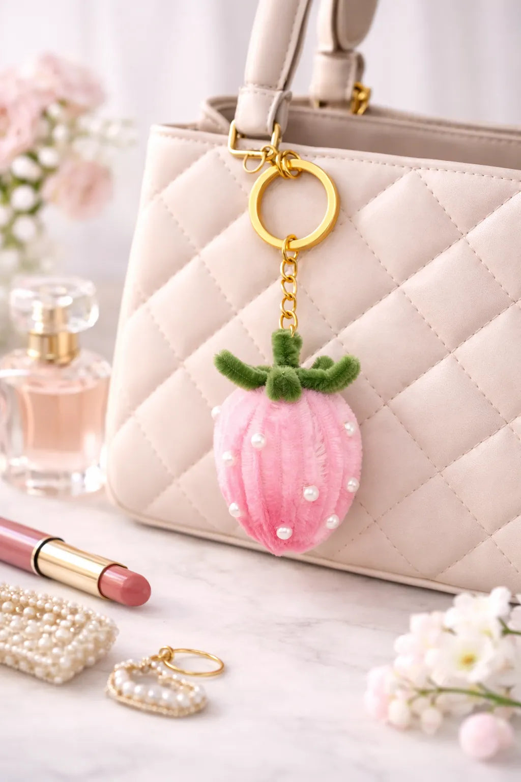 Pink Strawberry Pipe Cleaner Keychain – Handmade Aesthetic Pearl Charm