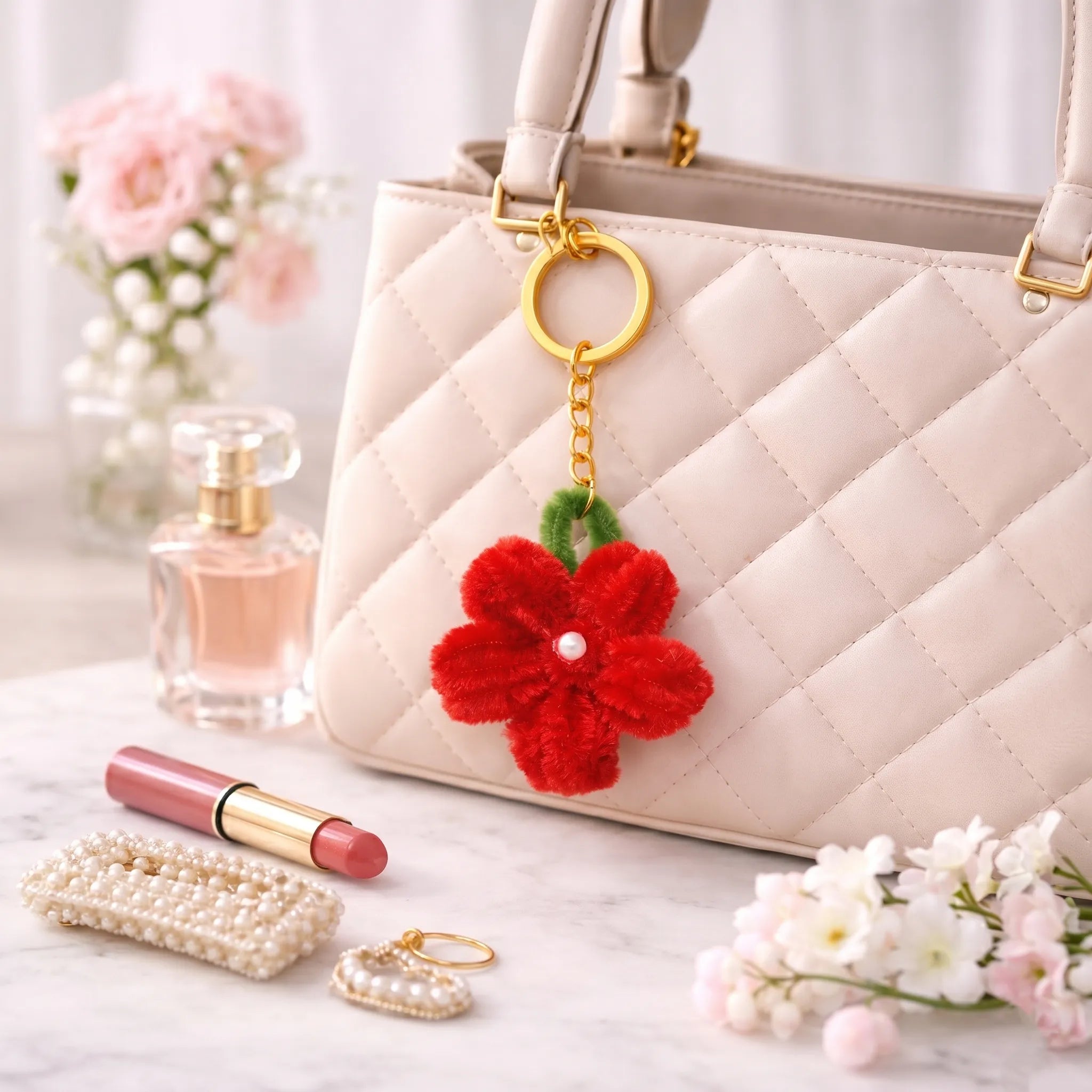 Red Flower Pipe Cleaner Keychain – Handmade Aesthetic Floral Charm