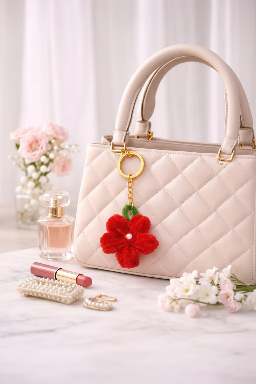 Red Flower Pipe Cleaner Keychain – Handmade Aesthetic Floral Charm