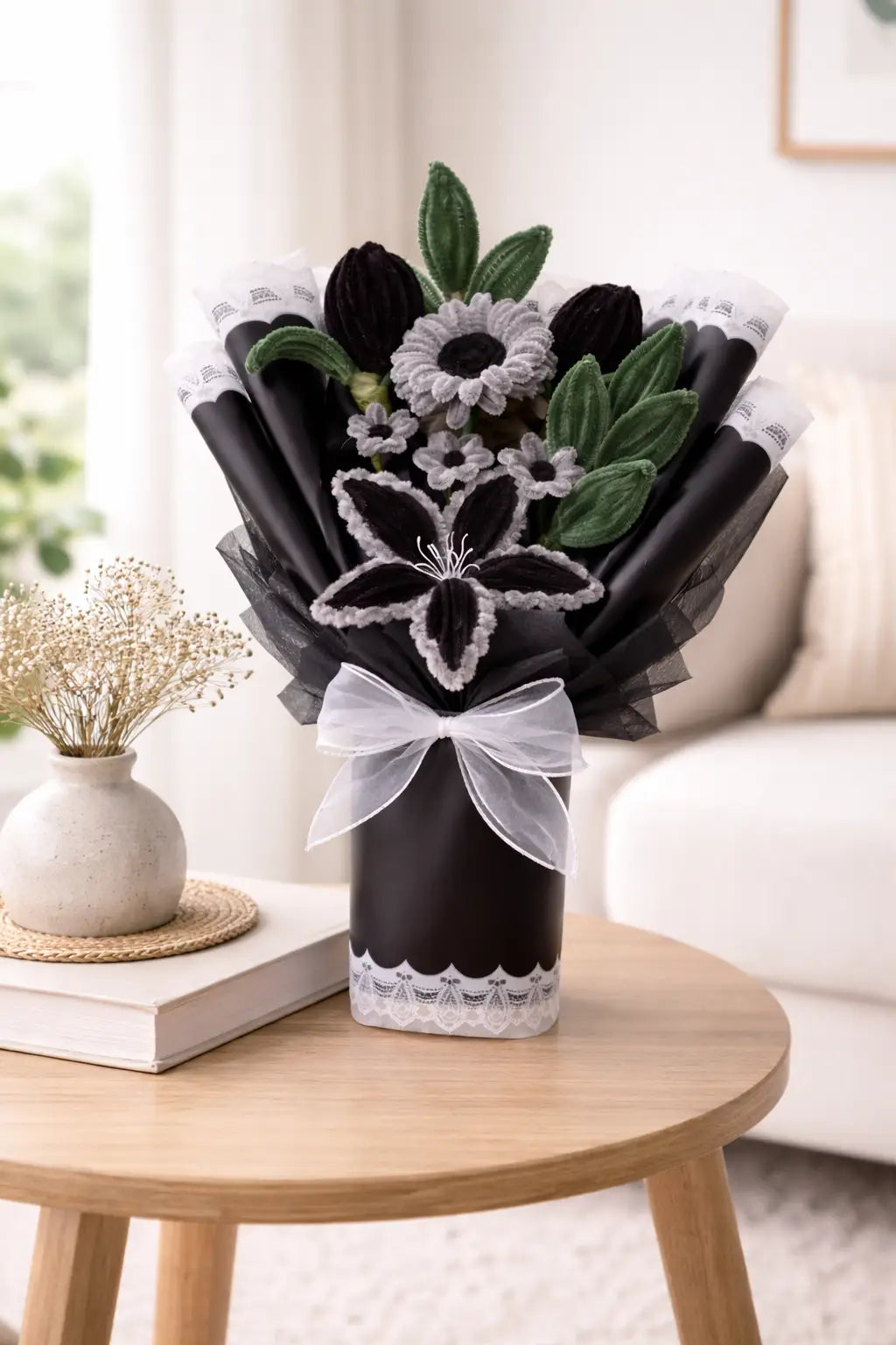 Elegant Black Pipe Cleaner Flower Bouquet – Handmade Forever Floral Gift