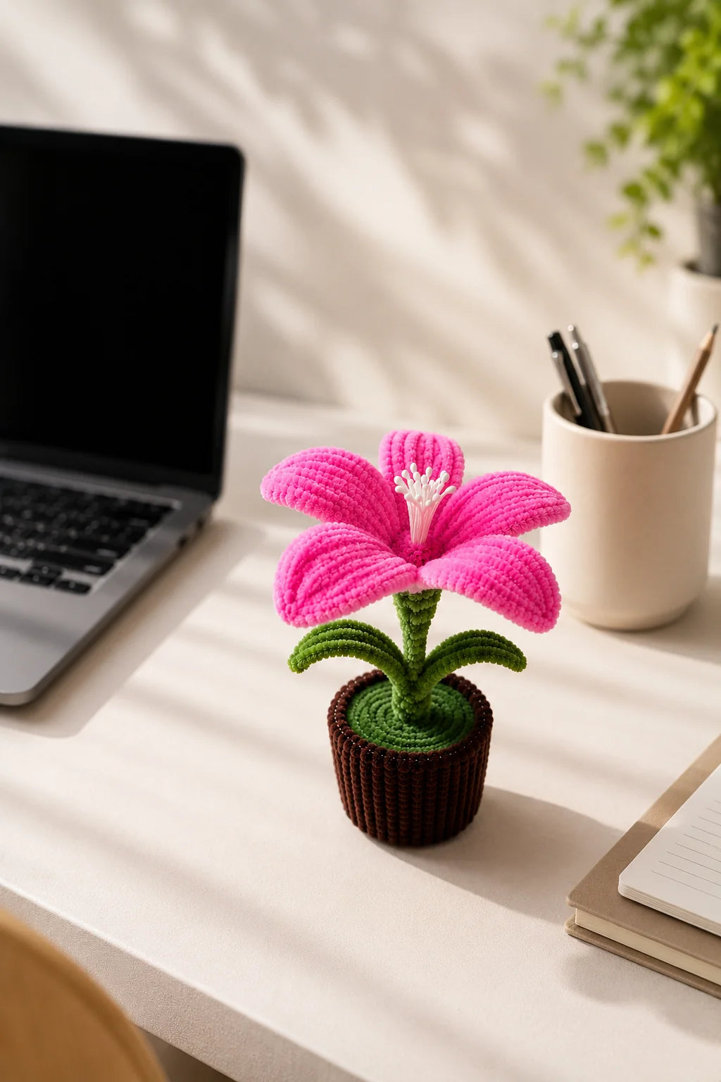 Pink pipe cleaner lily potted plant on a desk beside a laptop - YouLove