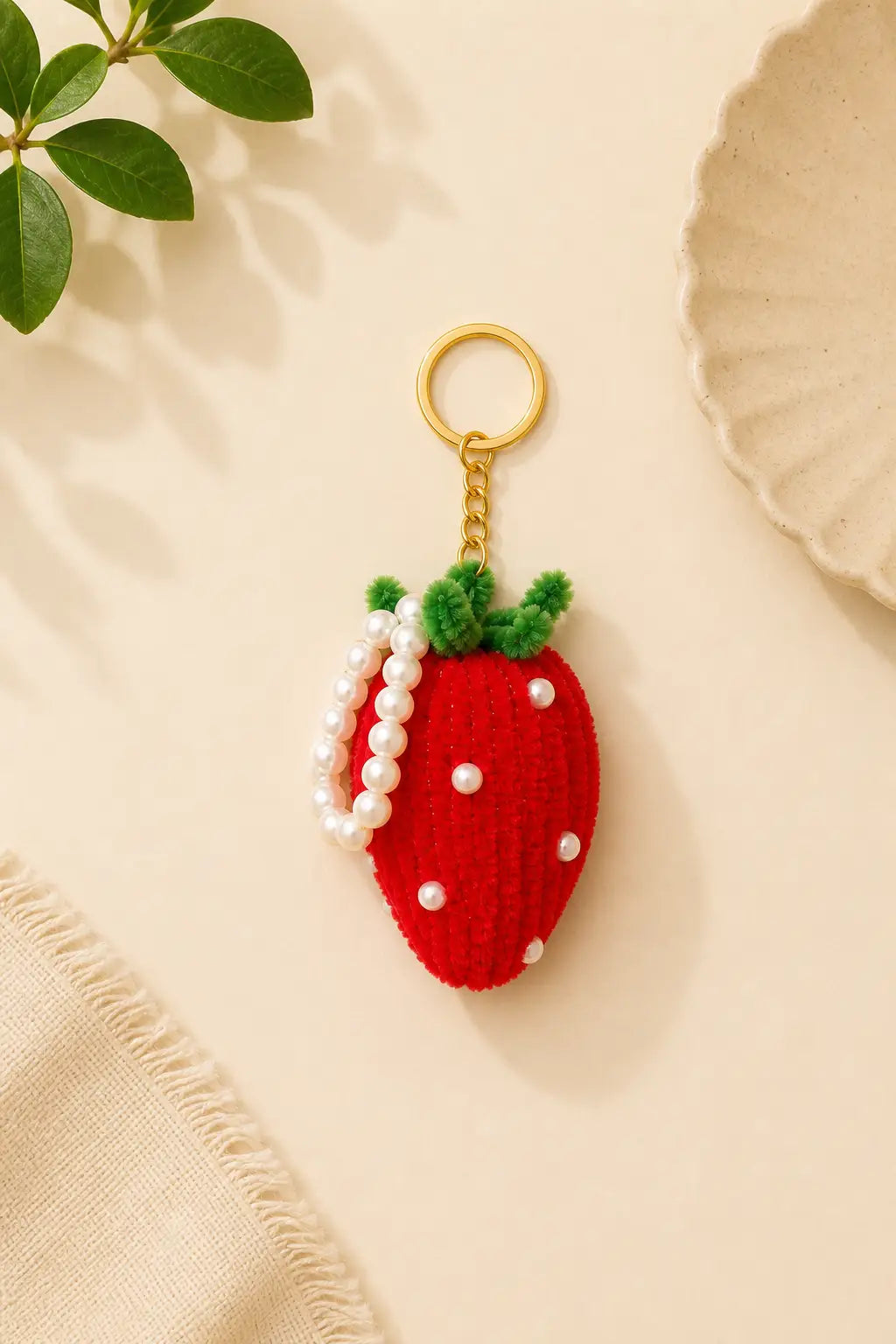 Strawberry Pipe Cleaner Keychain – Handmade Aesthetic Fruit Charm with Pearl Chain