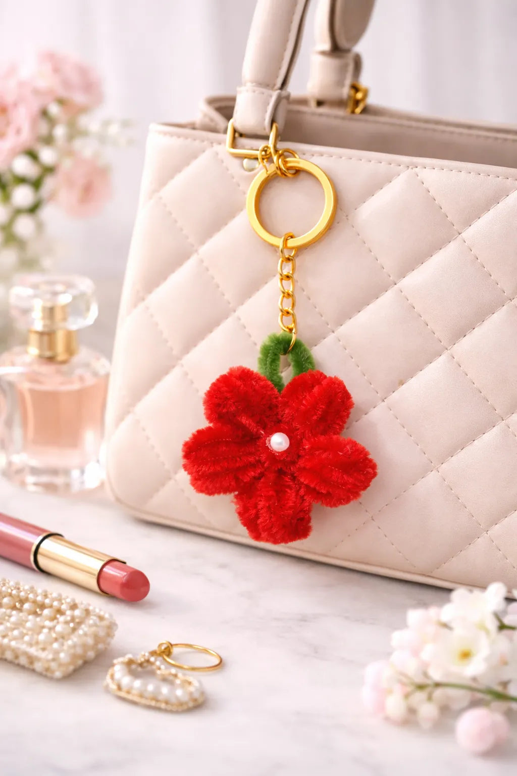 Red Flower Pipe Cleaner Keychain – Handmade Aesthetic Floral Charm