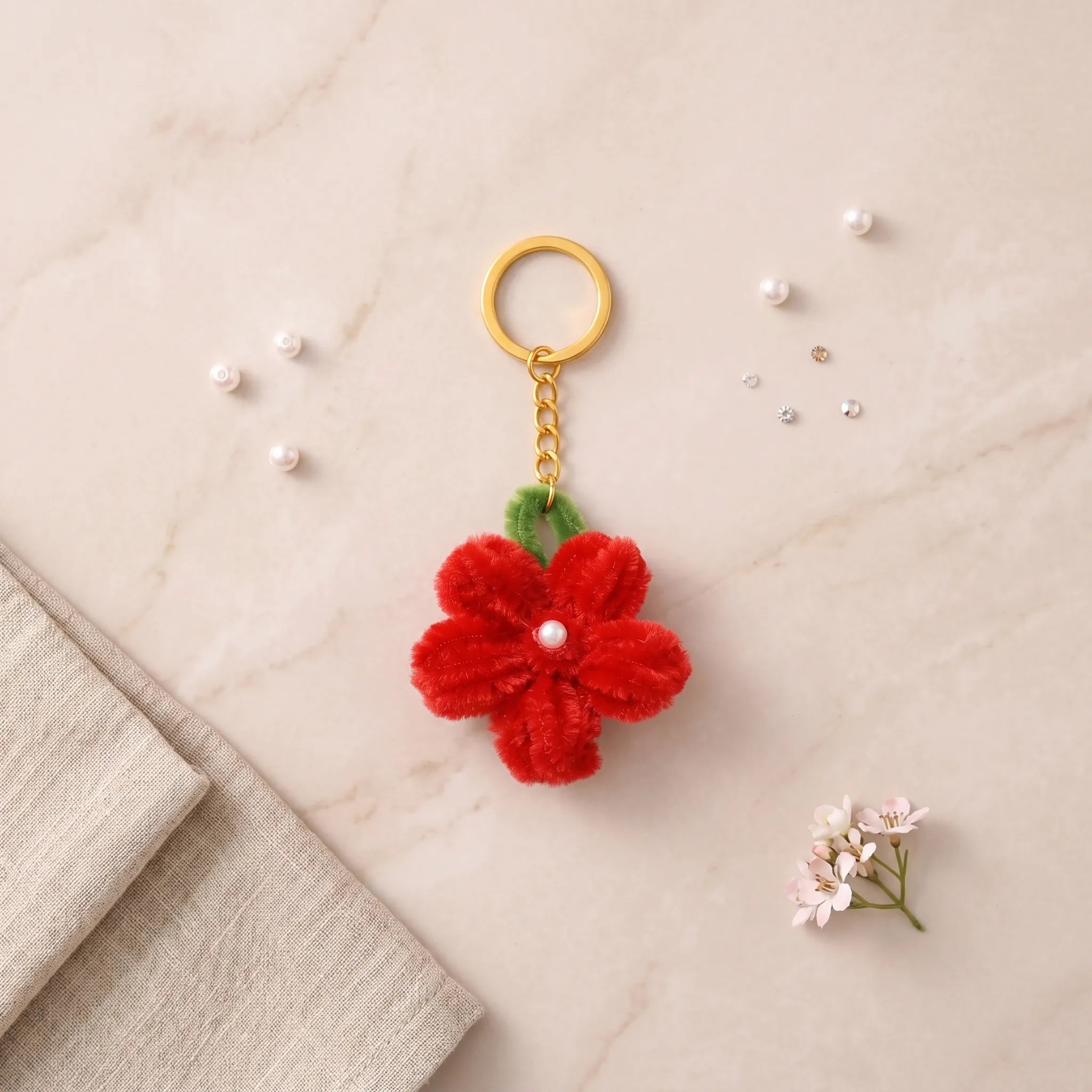 Red Flower Pipe Cleaner Keychain – Handmade Aesthetic Floral Charm