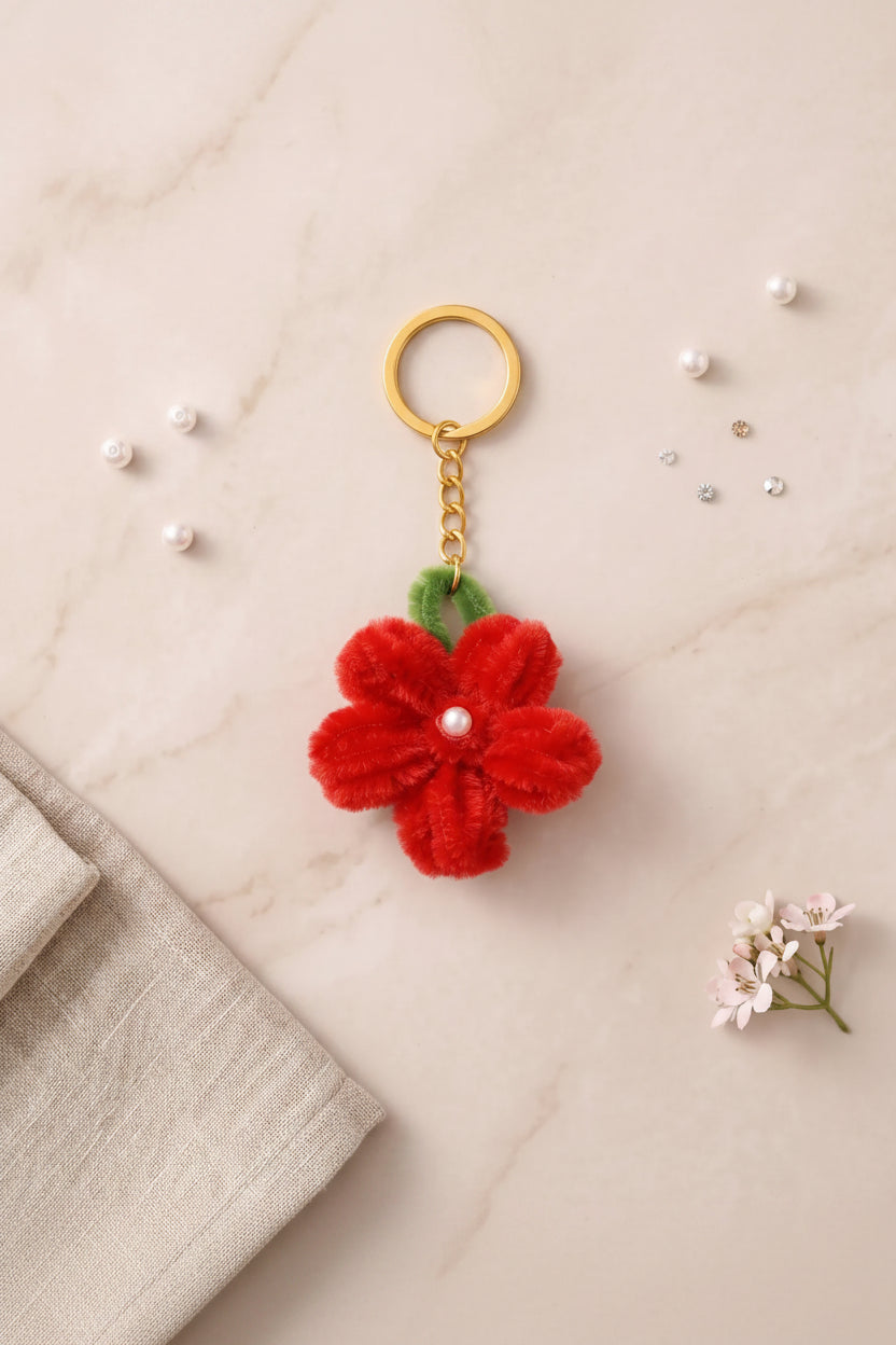 Red Flower Pipe Cleaner Keychain – Handmade Aesthetic Floral Charm
