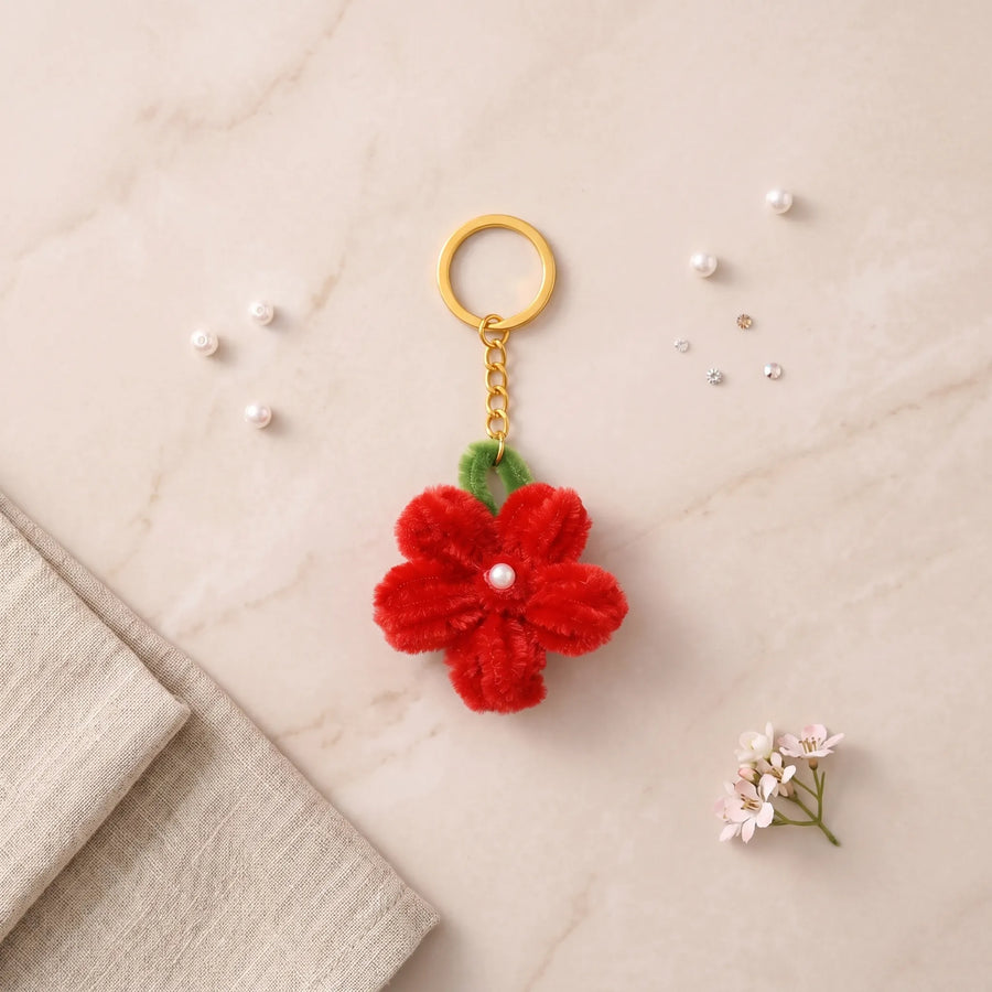 Red Flower Pipe Cleaner Keychain – Handmade Aesthetic Floral Charm