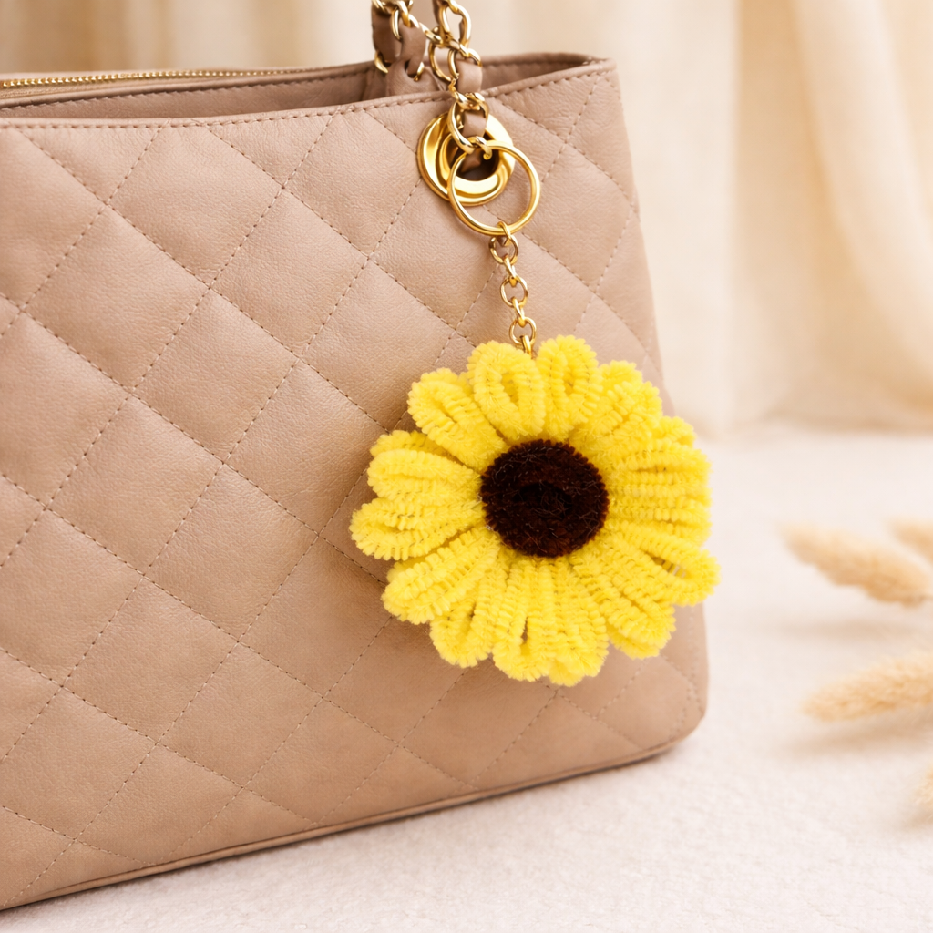Sunflower Pipe Cleaner Keychain – Handmade Aesthetic Yellow Flower Keyring