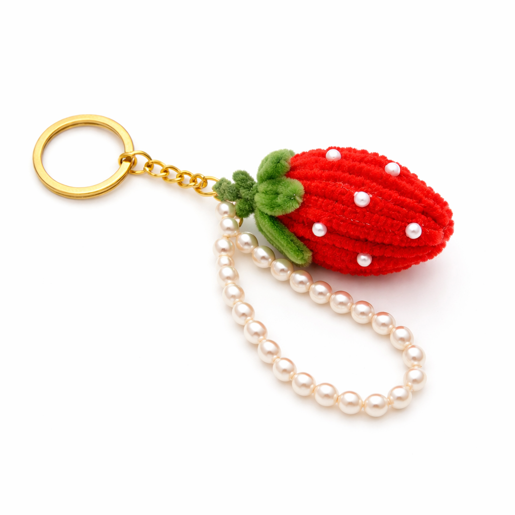 Strawberry Pipe Cleaner Keychain – Handmade Aesthetic Fruit Charm with Pearl Chain