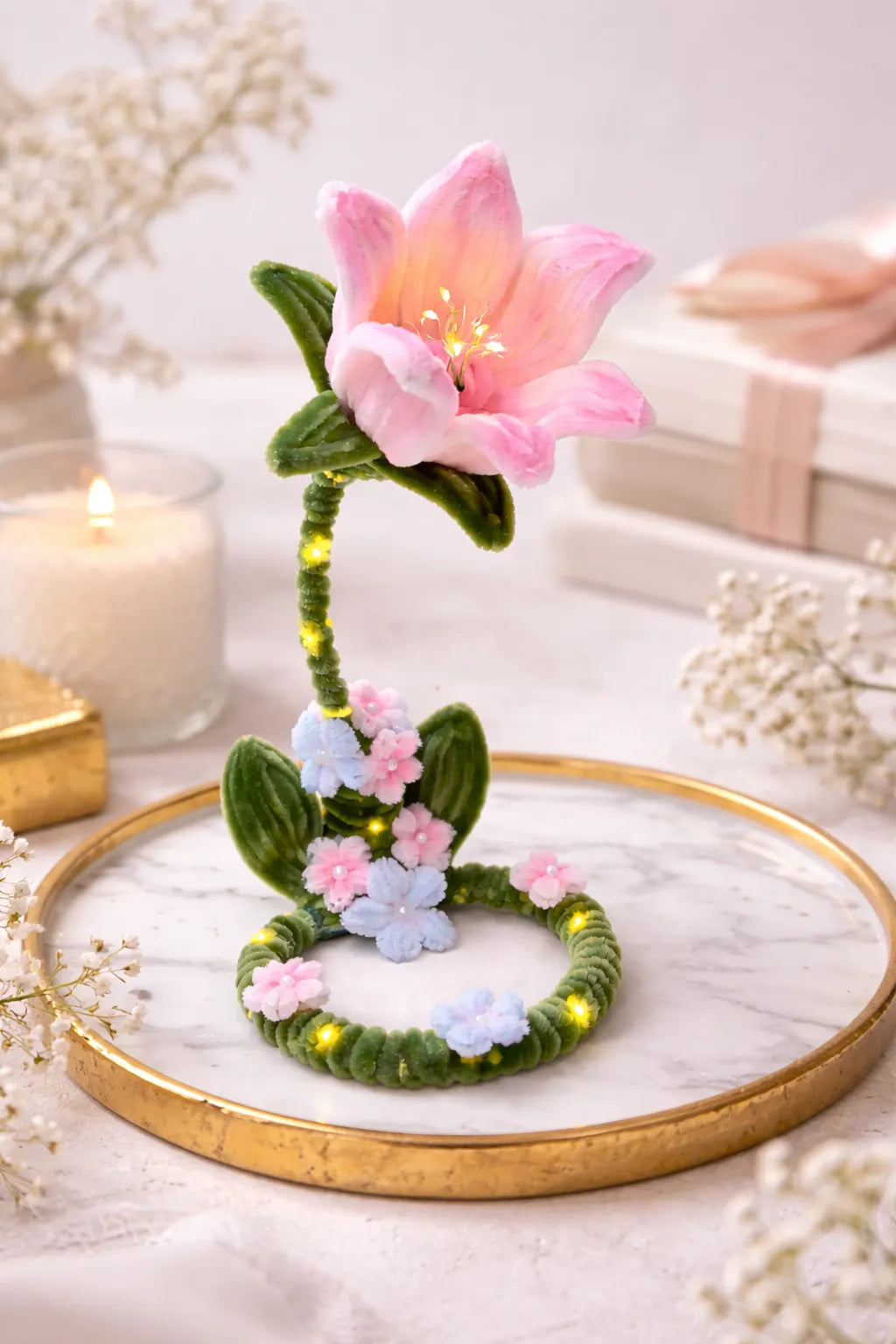 Pink Lily LED Fairy Light Lamp – Handmade Floral Night Light