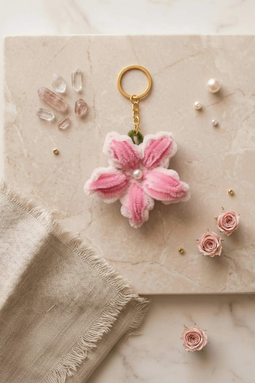 Pink flower-shaped keychain on a marble surface with small flowers and crystals.