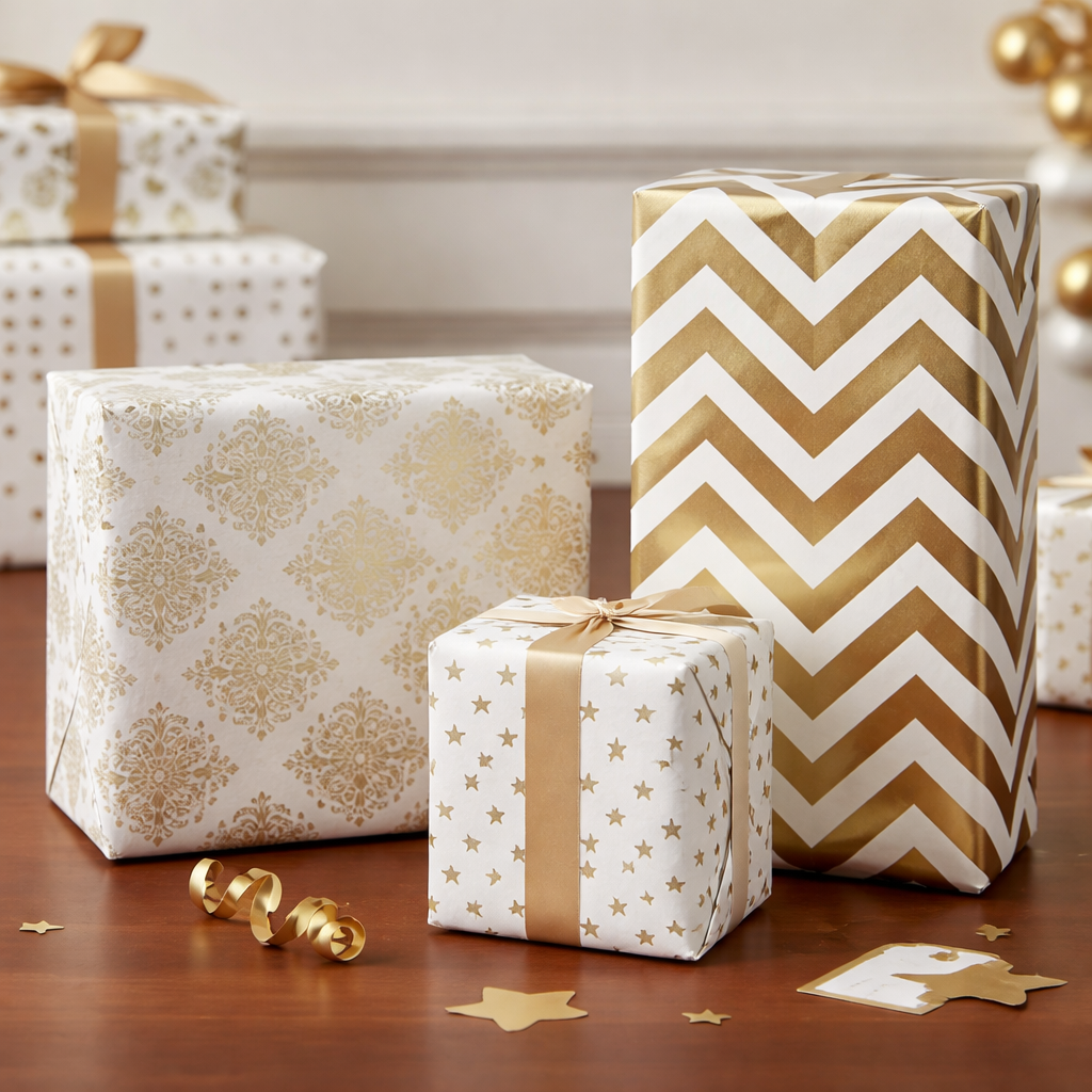 Elegant White & Gold Gift Wrap Set – Premium Decorative Wrapping Paper