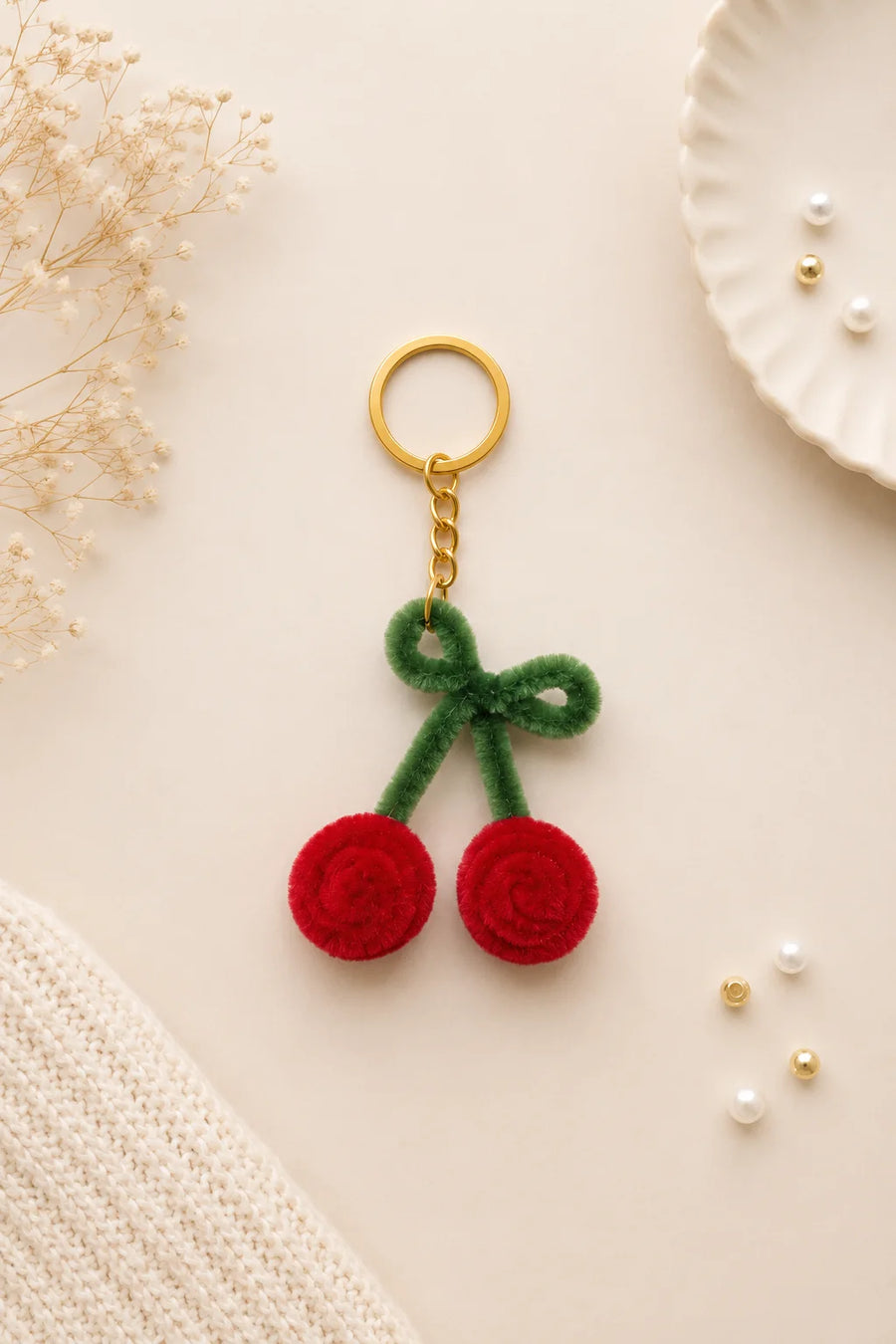 Cherry Charm Keychain – Handmade Pipe Cleaner Bag Charm with Gold Keyring