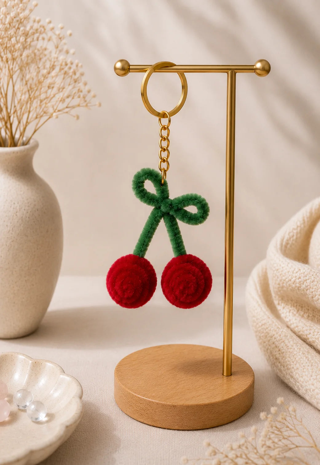 Cherry chenille bag charm keychain hanging on a gold stand - YouLove handmade accessory