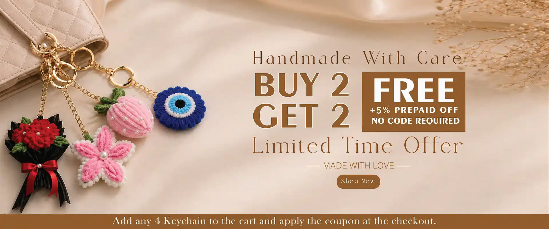 Handmade keychains with decorative elements on a beige background, featuring a promotional offer.