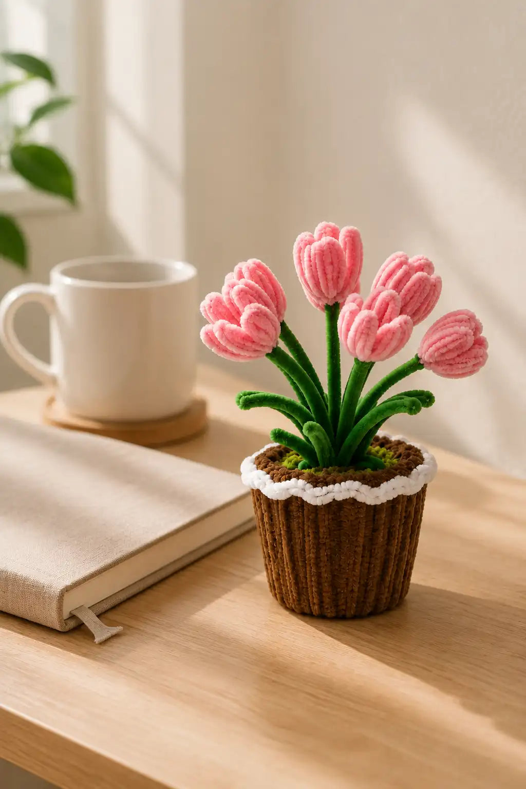 Pink Tulip Pipe Cleaner Potted Plant – Handmade Chenille Flower for Desk & Home Décor