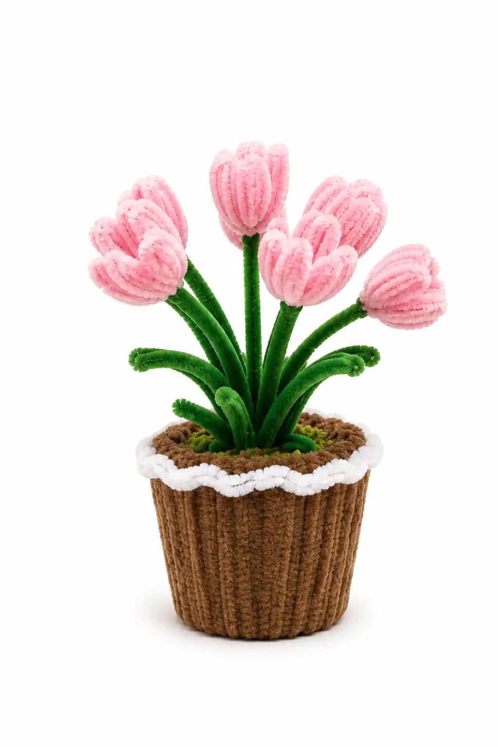 Pink Tulip Pipe Cleaner Potted Plant – Handmade Chenille Flower for Desk & Home Décor