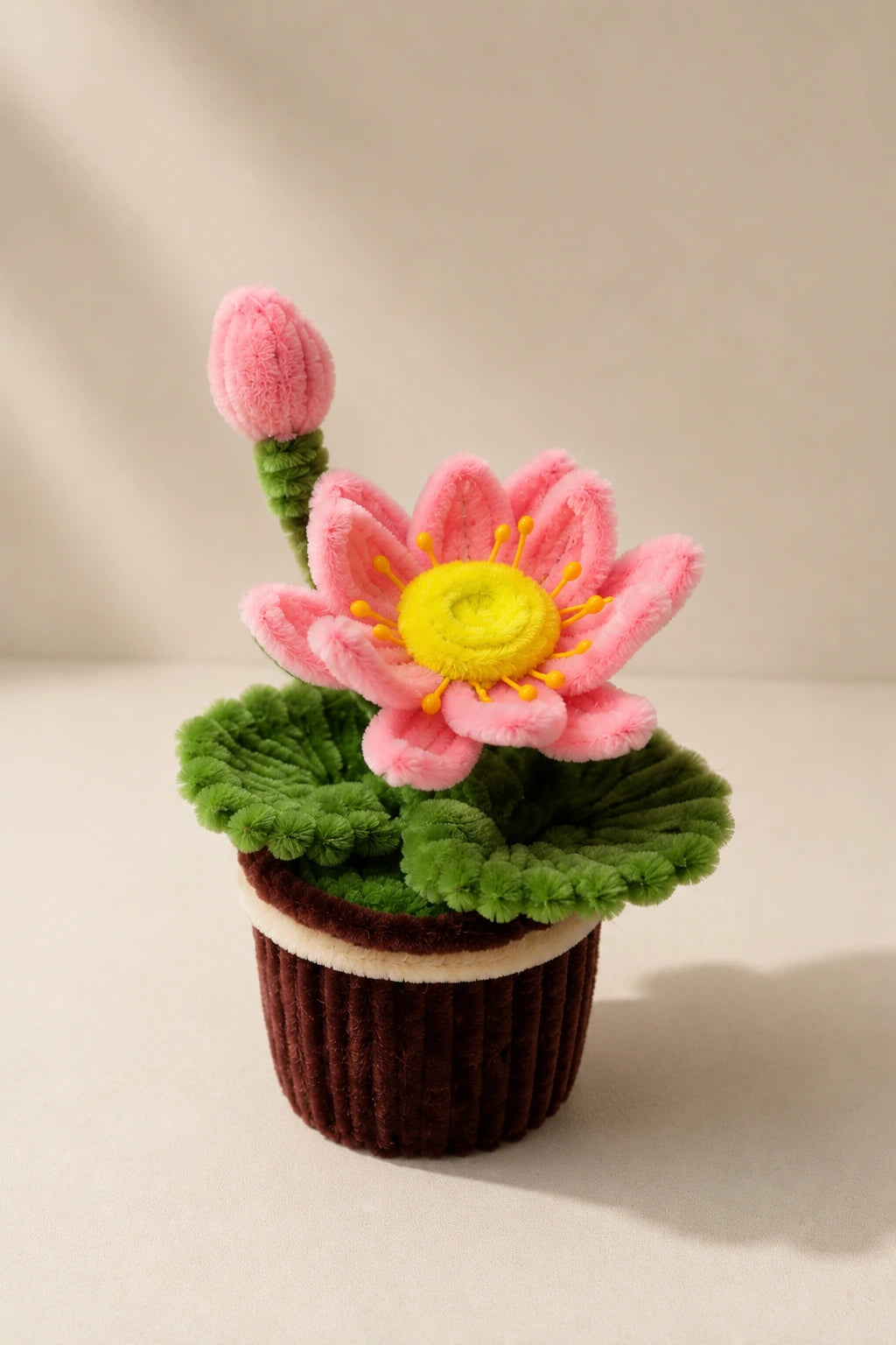 Pink Lotus Pipe Cleaner Potted Plant – Handmade Chenille Flower for Desk & Home Décor