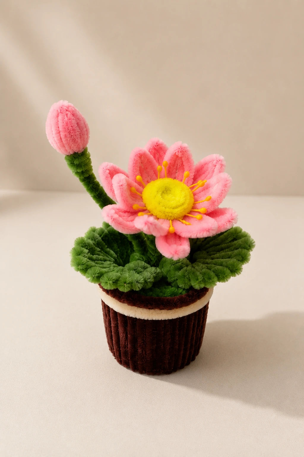 Pink Lotus Pipe Cleaner Potted Plant – Handmade Chenille Flower for Desk & Home Décor