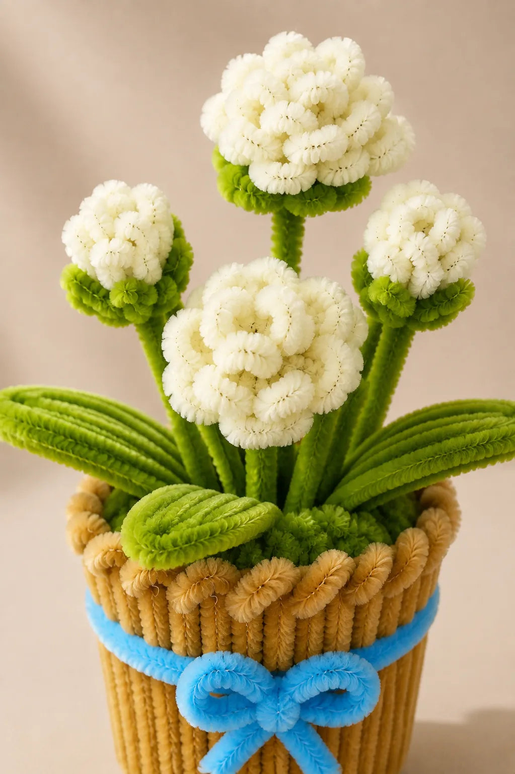 White Rose Pipe Cleaner Potted Plant – Handmade Chenille Flower for Desk & Home Décor