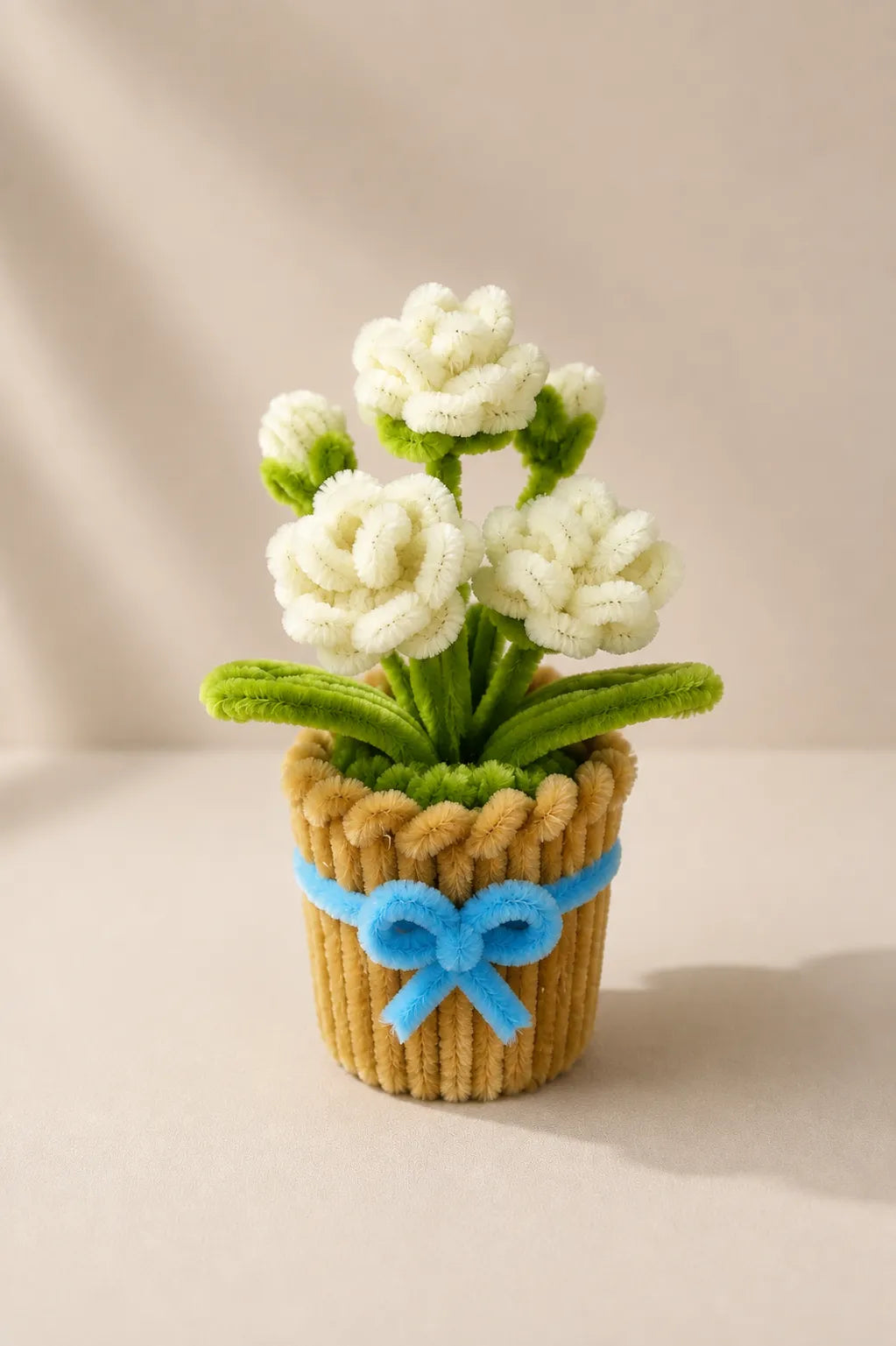 White Rose Pipe Cleaner Potted Plant – Handmade Chenille Flower for Desk & Home Décor