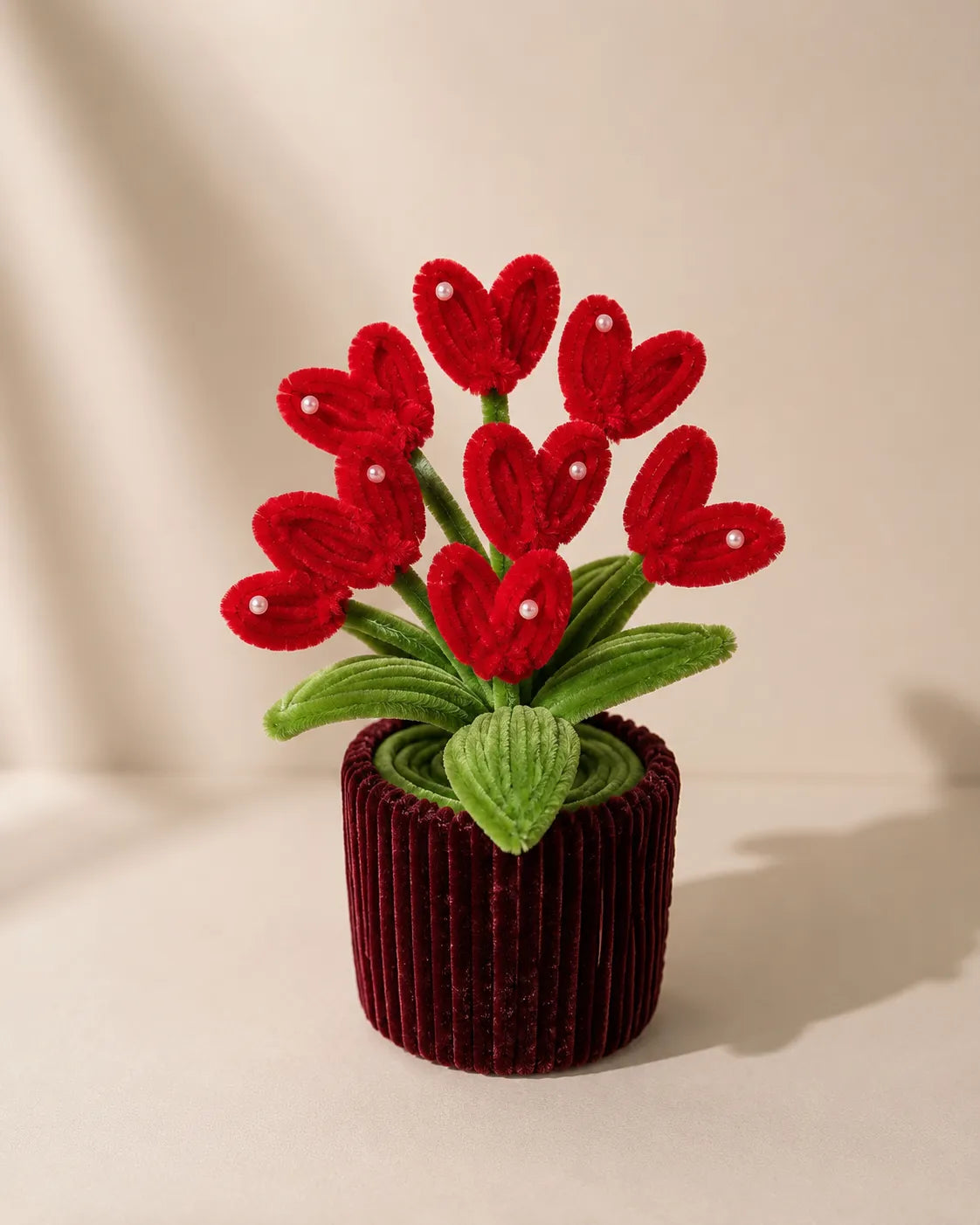 Red Heart Tulip Pipe Cleaner Potted Plant – Handmade Pearl Flower for Desk & Home Décor