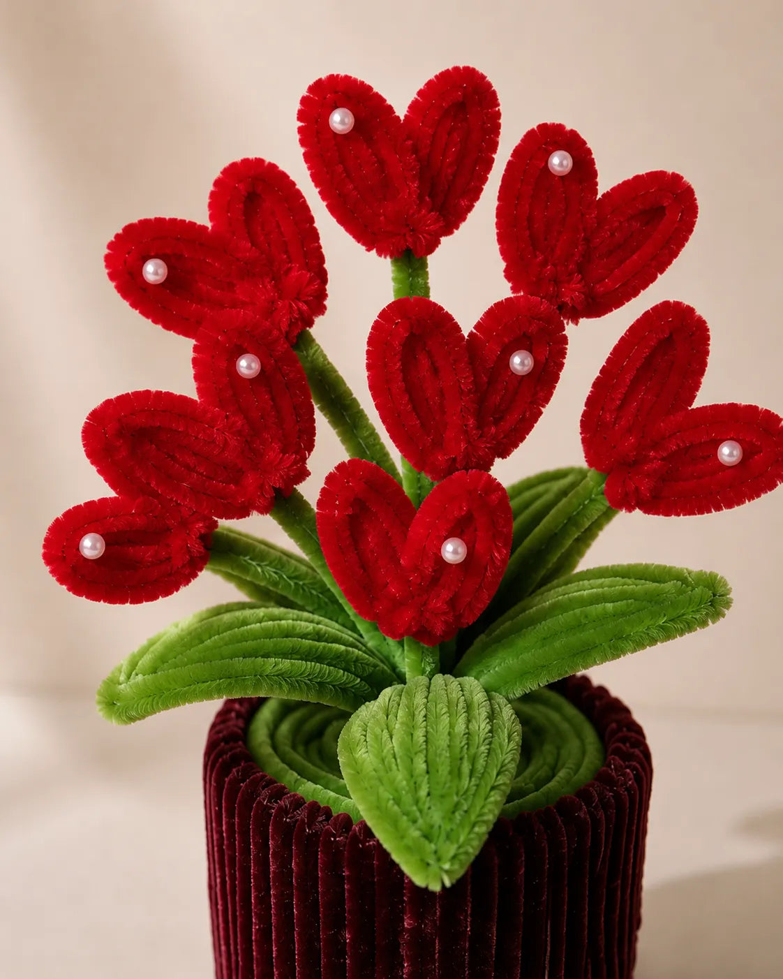 Red Heart Tulip Pipe Cleaner Potted Plant – Handmade Pearl Flower for Desk & Home Décor