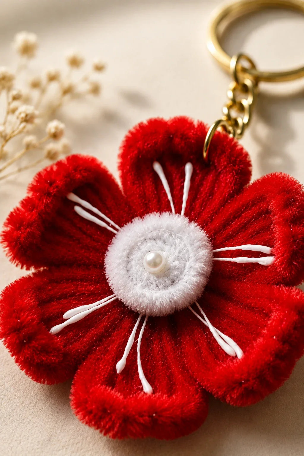 Red poppy pearl keychain flat lay with pearls and dried flowers