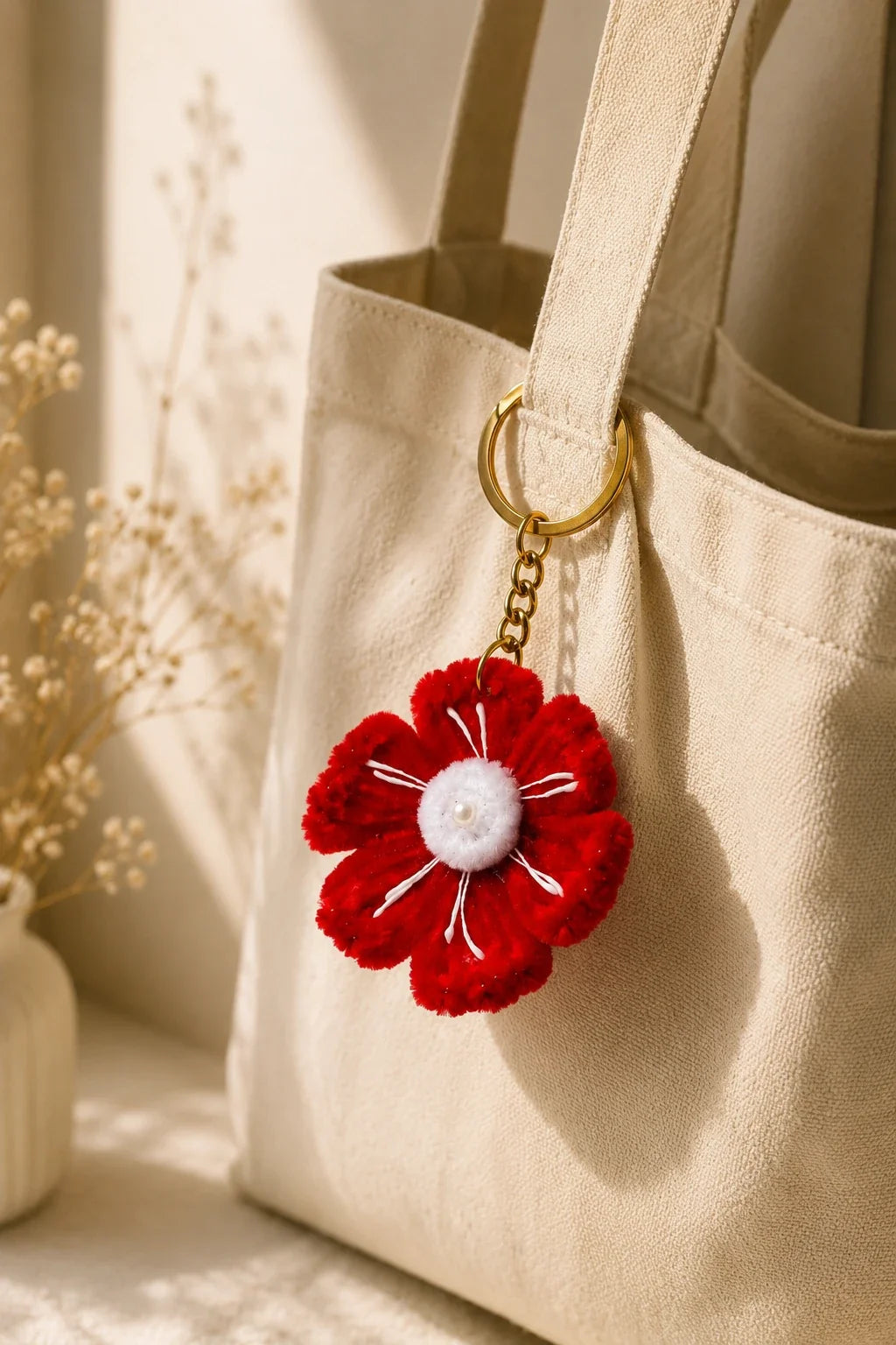 Red poppy pearl keychain displayed on a gold stand, lifestyle shot