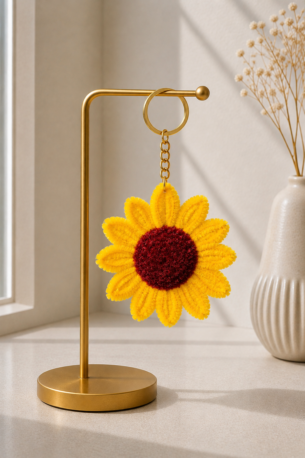 Sunflower fuzzy keychain front view - handmade yellow pipe cleaner flower on gold keyring