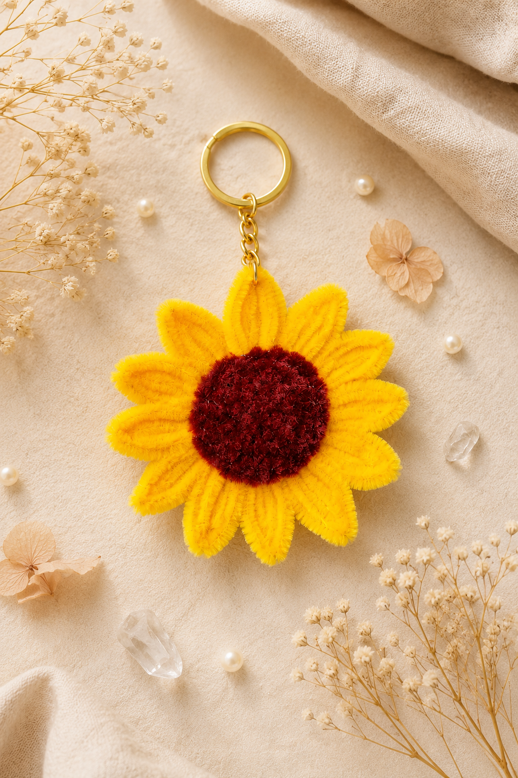 Sunflower dual-face mirror keychain displayed on a gold stand, lifestyle shot