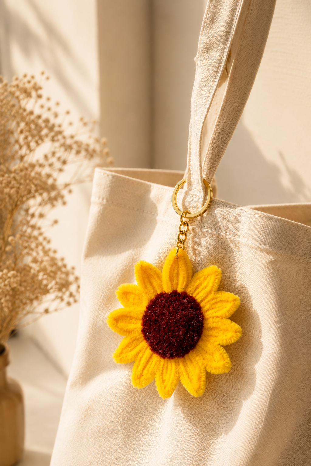 Sunflower keychain back view showing round mirror framed by petals with pearl bow